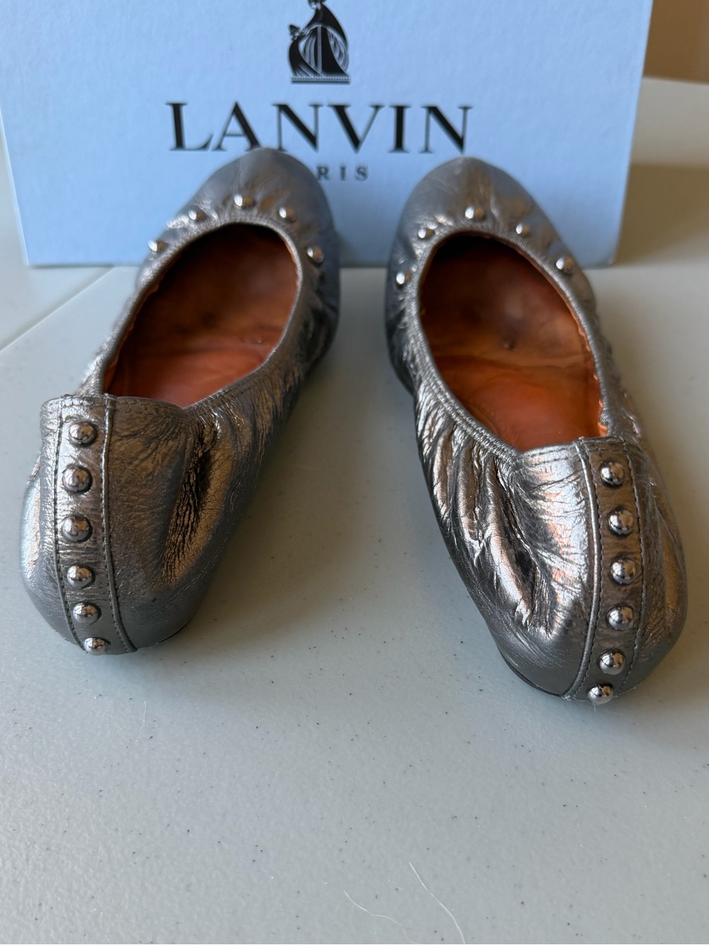 LANVIN Women’s Metallic Gunmetal Grey Silver Ballet Flats Studs EU 40 like 8.5
9